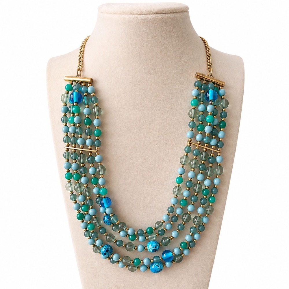Gold Tone Multi Strand Beaded Statement Necklace Turquoise Aqua Blue Bib